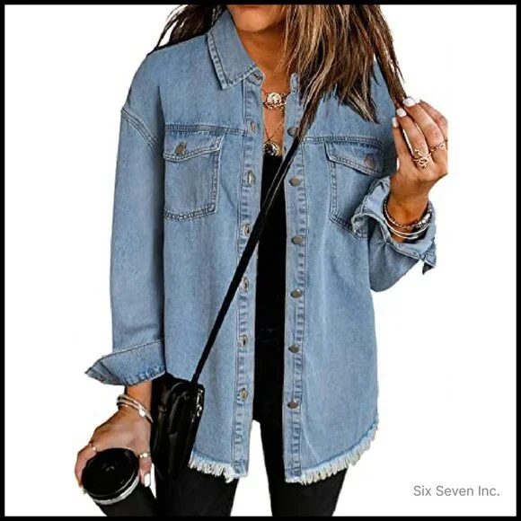 Oversized Denim Jacket Distressed Vintage Y2K Chic Boyfriend Fit Button Closure - Picture 2 of 8
